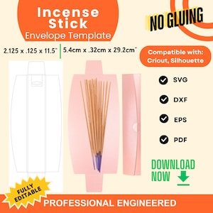 Pode incluir: Um modelo de envelope rosa para varetas de incenso com o texto "Incense Stick Envelope Template". As dimensões do modelo são 5,4 cm x 0,32 cm x 29,2 cm. Compatível com Cricut e Silhouette. Formatos: SVG, DXF, EPS e PDF.