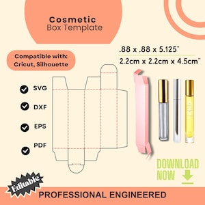 Puede incluir: Una plantilla imprimible para una caja de cosméticos, compatible con las máquinas de corte Cricut y Silhouette. La plantilla se muestra en color rosa e incluye medidas en pulgadas y centímetros. La plantilla está etiquetada con los tipos de archivo disponibles: SVG, DXF, EPS y PDF. El texto "Descargar ahora" también está incluido.