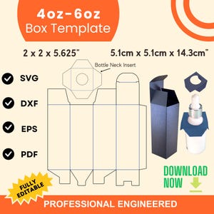 Plantilla de caja de 4 oz - Plantilla de caja de 6 oz, tipos de archivos SVG, DXF - Empaque DIY para frascos con gotero con inserto de cuello, Cricut y Silhouette