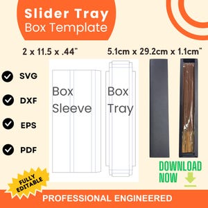 Op de afbeelding: Een printbare sjabloon voor een schuiflade doos. De sjabloon bevat een dooshoes en een lade. De afmetingen zijn 2 x 11,5 x 0,44 inch of 5,1 cm x 29,2 cm x 1,1 cm. De sjabloon is beschikbaar in de formaten SVG, DXF, EPS en PDF. De tekst "Download nu" is ook zichtbaar.