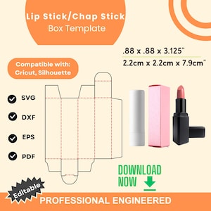 以下が含まれることがあります： CricutとSilhouetteのカットマシンに対応した、リップスティックまたはリップバームボックスの印刷可能なテンプレートです。テンプレートは、赤色の点線で黒と白で表示されます。ボックスの寸法は2.2cm x 2.2cm x 7.9cmです。テンプレートには、「今すぐダウンロード」というテキストと、下向きの矢印が付けられています。