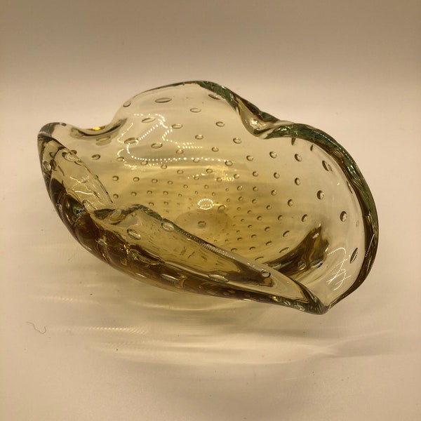 Yellow Murano Bullicanto Glass Candy Dish/Ashtray, Italy, Controlled Bubbles & Rolled Edges