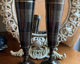 Pair of black and brass striped Made in India etched cylinder vases