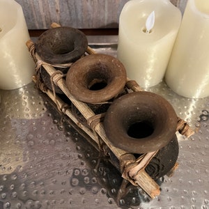 Handmade African Triple Claypots Tied Together With bamboo, Kenya. Pots have little flowers on them, 9” long