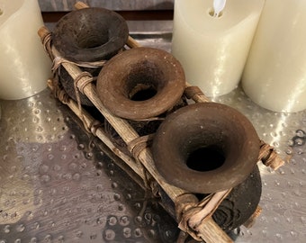 Handmade African Triple Claypots Tied Together With bamboo, Kenya. Pots have little flowers on them, 9” long