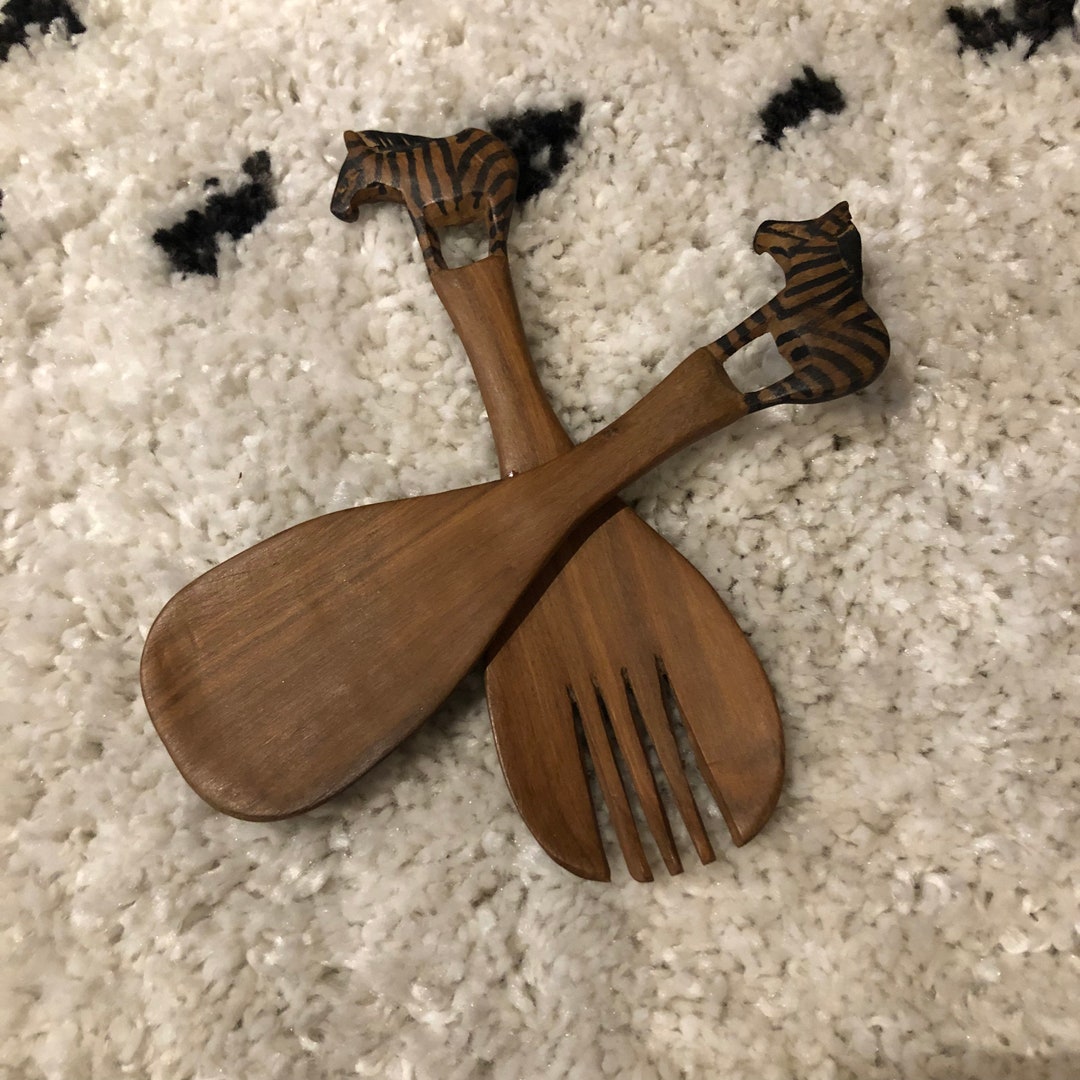 Wooden Zebra Salad Utensils Set Etsy