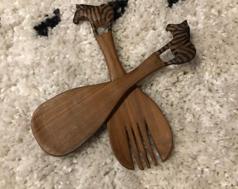 Wooden Zebra Salad Utensils Set