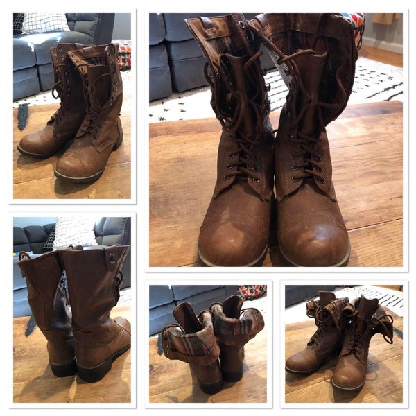 Soda Camel Lace up flat boots, can be worn folded down, Size 5.5