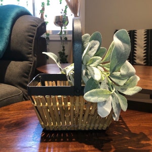 Sturdy and heavy Metal and bamboo rectangle basket, 8 3/4” x 6” , 11” tall with handle