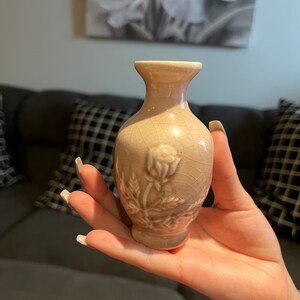Vintage Victorian Crackle pink tea rose mini bud vase, 4.5” tall