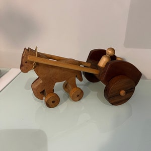 Unique Handmade wooden horse and wagon/cart toy decor, wheels roll, 11” x 5.5”
