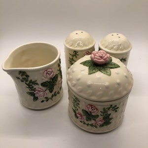 4 piece set, Pink Roses cream, Sugar & salt and pepper shakers