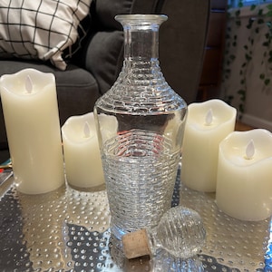 Vintage MCM Clear Glass Liquor Decanter with lined cork glass stopper, Round Brick/Basket Weave design, 11.5&quot; tall