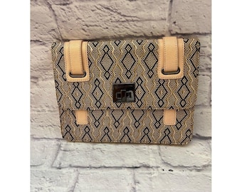 BCBGeneration Tan and Black Geometric Woven Clutch