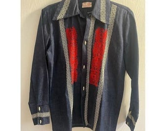 Vintage Mexican Guayabera Dress Shirt with Red Embroidered Panels