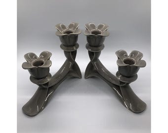 Vintage Grey Ceramic Tulip Double Candle Holder Pair Flower Candelabra Set