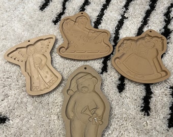 Set of 4 Vintage Christmas Brown Bag Cookie Art Molds, Angel, Rockinghorse, Santa in a Sleight and Santa Bear, 1990 - 1994