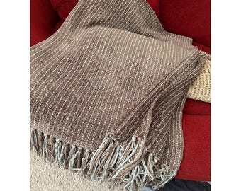 Restoration Hardware 5lb Brown and Blue Chenille Woven Fringe Throw