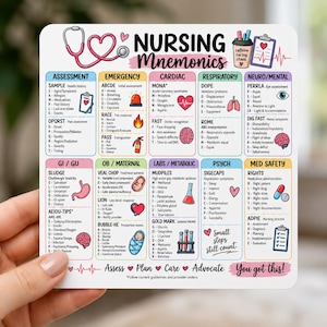 May include: A square sticker featuring a nursing mnemonics reference guide with colorful sections for assessment, emergency, cardiac, respiratory, neuro, GI, OB, labs, psych, and med safety. It includes icons like a stethoscope, heart, and clipboard.
