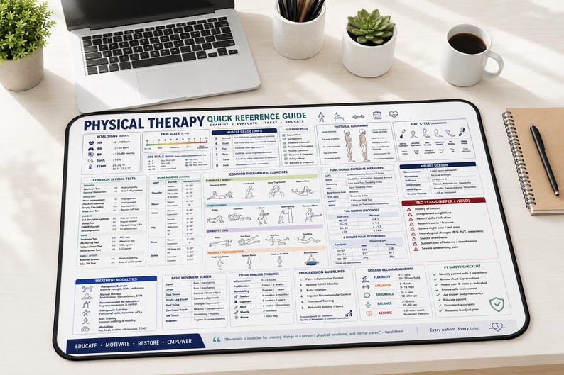 May include: A rectangular desk mat featuring a Physical Therapy Quick Reference Guide with printed charts, diagrams, and text. The white surface displays sections for vital signs, pain scales, muscle grades, therapeutic exercises, and safety checklists.