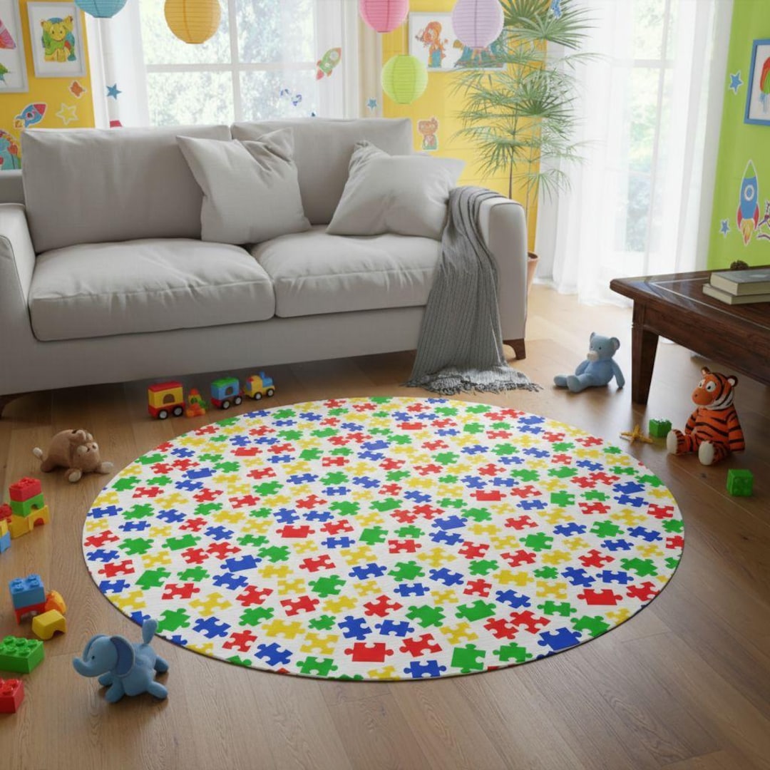 Autism Puzzle Round Rug, Playroom Floor Decor, Autism Awareness Office ...