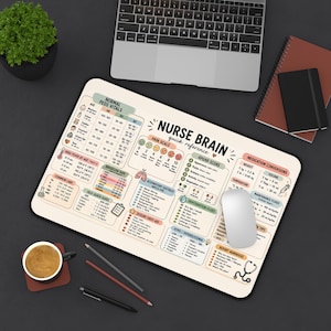 May include: A rectangular beige mousepad with a black border, featuring medical reference information for nurses. The mousepad includes charts on pediatric vitals, pain scales, and medication conversions. A computer mouse and keyboard are visible.
