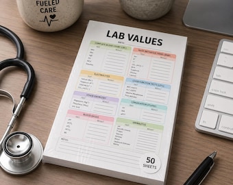 Bloc de notas para valores de laboratorio, notas del historial clínico del paciente por parte del médico, informes de enfermería sobre valores de laboratorio.