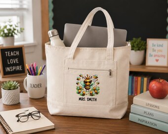 Bolso de mano para maestras con temática de abejas, bolso de lona con cremallera para enfermera escolar, bolso de trabajo para maestras de preescolar
