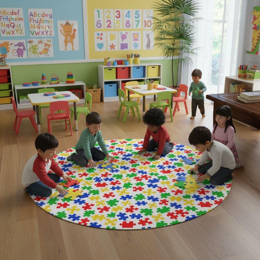 Autism Puzzle Round Rug, Playroom Floor Decor, Autism Awareness Office ...