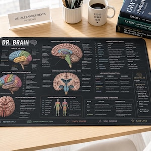 May include: A rectangular black desk mat featuring a detailed anatomical chart titled DR. BRAIN. The mat displays colorful illustrations of the human brain, including lobes, ventricular systems, and blood supply, alongside text charts for cranial nerves.