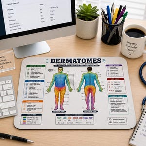 May include: A rectangular mouse pad featuring a colorful anatomical chart of human dermatomes, displaying anterior and posterior views of the body with labeled spinal nerve regions, color-coded keys, and clinical notes on a white background.