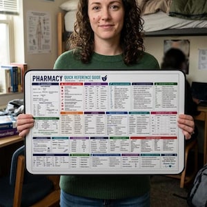 May include: A rectangular pharmacy quick reference guide featuring a white background with organized sections of text, charts, and icons. The header reads PHARMACY QUICK REFERENCE GUIDE with a mortar and pestle icon. It includes data on calculations, drug classes, and medical terminology.