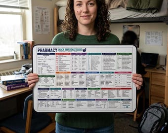 May include: A rectangular pharmacy quick reference guide featuring a white background with organized sections of text, charts, and icons. The header reads PHARMACY QUICK REFERENCE GUIDE with a mortar and pestle icon. It includes data on calculations, drug classes, and medical terminology.