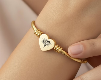 Pulsera grabada para enfermera, regalo de joyería, pulsera de oro para enfermera titulada, regalo de aniversario para empleada de enfermería, joyería para enfermeras tituladas, regalo para enfermeras tituladas