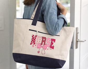 Nurse Work Shoulder Bag, Nursing Canvas Tote Bag, Custom Nurse Tote, Registered Nurse Laptop Bag, Zippered Computer Bag