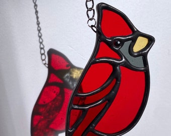 Stained Glass Red Cardinal, Glass Bird Suncatcher Home Decor