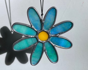 Dreamy Daisy Stained Glass Iridescent Teal, Blue Flower Glass Art, Floral Home Decor Gift