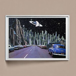 Cactus Highway - Surreale Retro-Collage-Kunst, Wandkunst, Poster, Vintage-Collage, Retro-Collage, retro-futuristisch, surreale Kunst, Saturn, Kaktus