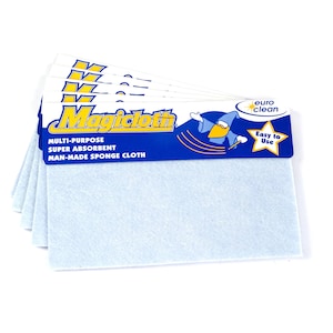 May include: A package of five blue and white Magicloth multi-purpose super absorbent man-made sponge cloths. The package has a blue and yellow label with a cartoon wizard and the text "Magicloth", "MULTI-PURPOSE", "SUPER ABSORBENT", "MAN-MADE SPONGE CLOTH", "euro clean", and "Easy to Use".