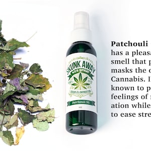 May include: A green spray bottle with a white label that says "Skunk Away 420 Spray" and "Patchouli OG". The bottle is on a white background with dried leaves scattered around it. The text on the label says "Gentle Oils Odor Eliminator".