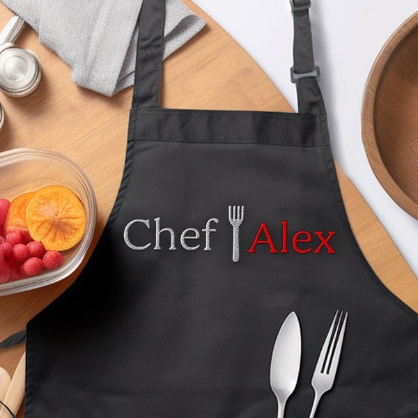 Tablier de cuisine personnalisé pour homme - Tablier de cuisine brodé personnalisé pour femme avec poche - Cadeau tablier de chef cuisinier pour femme