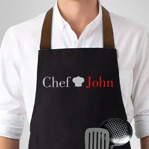 Aangepaste keukenschort voor heren - Gepersonaliseerde geborduurde schort voor vrouw met zakken - Keukenschort Kinderschort met naam - Chef-kok cadeau