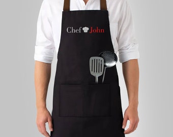 Delantal de cocina personalizado para hombre - Delantal bordado personalizado para mujer con bolsillos - Delantal de cocina Delantal para niños con nombre - Regalo de chef