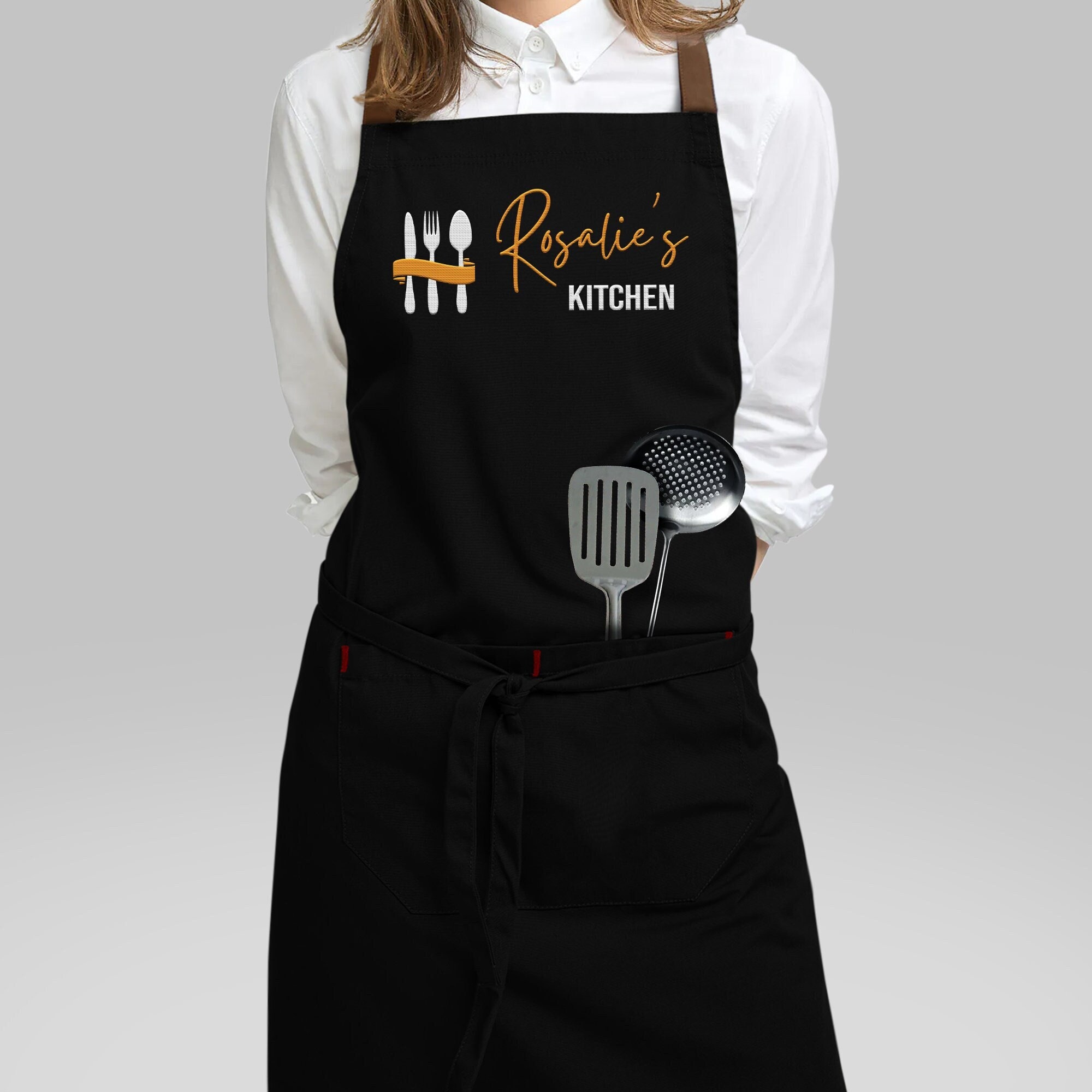 Embroidered Apron Custom - Personalized Cooking Apron for Woman Man Kid with Pockets - Kitchen Apron Apron with Name - Chef Gift