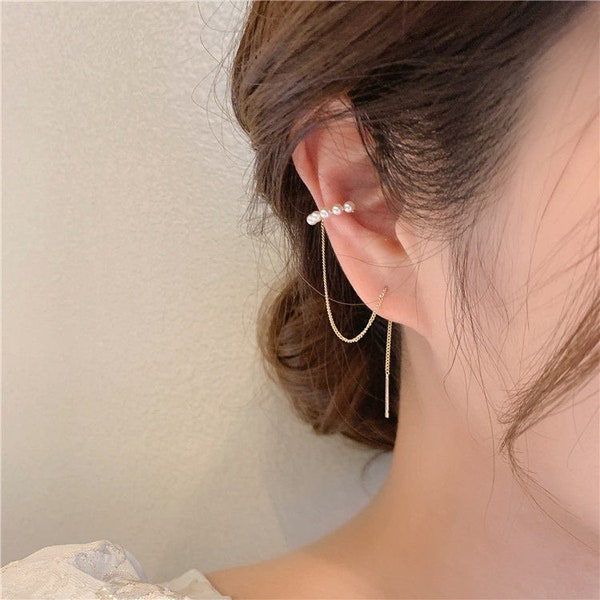 BOGO| Pearl Ear Cuff | Chain Earrings | Pearl Ear Wrap| Minimalist | Gold Plated | FREE SHIPPING |Bonus Gift|