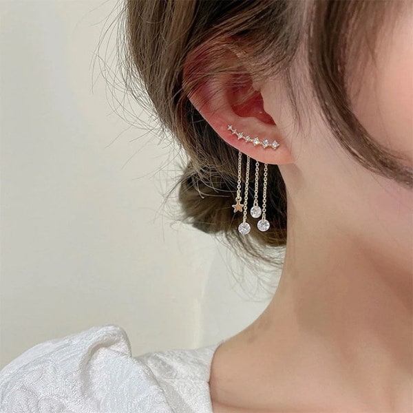 BOGO Rhinestones Dangling Fringe Ear Crawler Shooting Star Ear Jacket Earrings Front Back Earrings Long Dangle Ear Jacket Earrings Silver