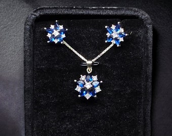 Vintage Sapphire Flower 925 Silver Set - Perfect Gift for Mother's day