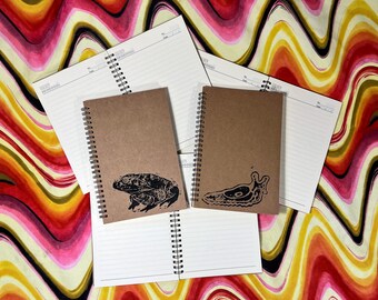 Puede incluir: Dos cuadernos de espiral marrones con ilustraciones en blanco y negro de una rana y una babosa marina sobre un fondo ondulado de colores.