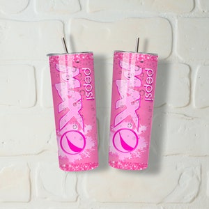May include: Two pink and white tumblers with a pink and white Pepsi logo and the words "pepsi!" on each. The tumblers have a glittery finish.