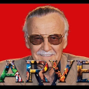 May include: A smiling man with white hair and a mustache wearing glasses. The word "MARVEL" is spelled out in large letters below him, with each letter made up of a collage of comic book panels.